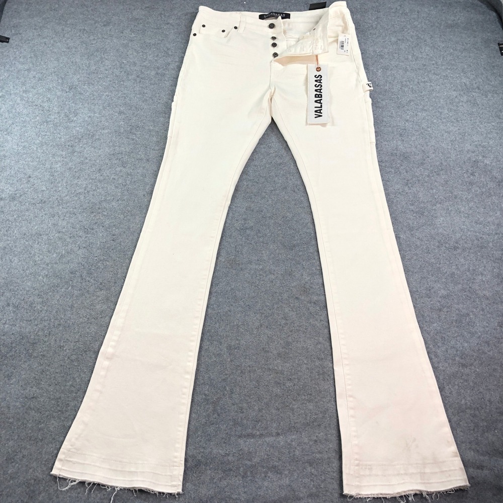 Valabasas Mens Stacked Carpenter Jeans 36 Raw Hem Flare Cream NWT (Flawed)